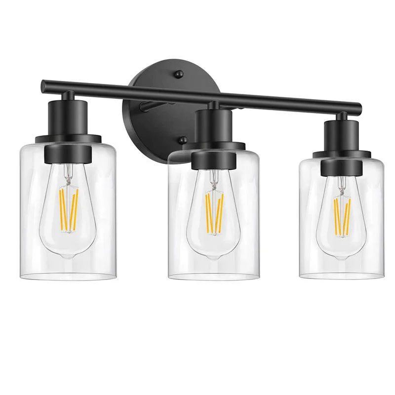 Modern Black 3-Light Bathroom Light Fixtures Vanity Glass Wall Lamp