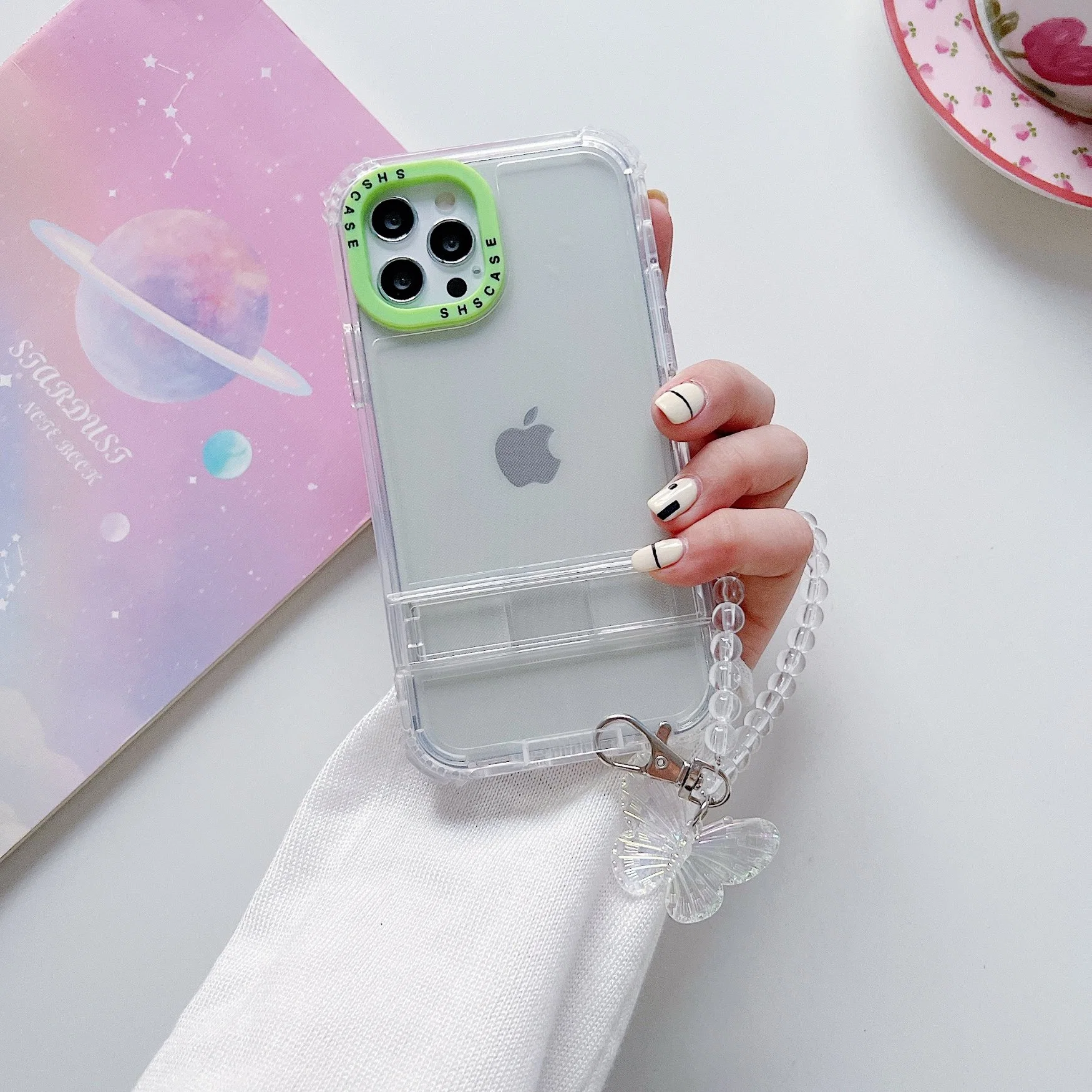 Colorful Camera Frame Clear Transparent Case for iPhone 15 with Butterfly Keychain