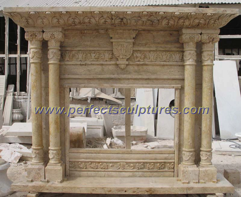Stone Marble Double Mantel Fireplace with Carved Angel Figure Carving Statue (QY-LS286)