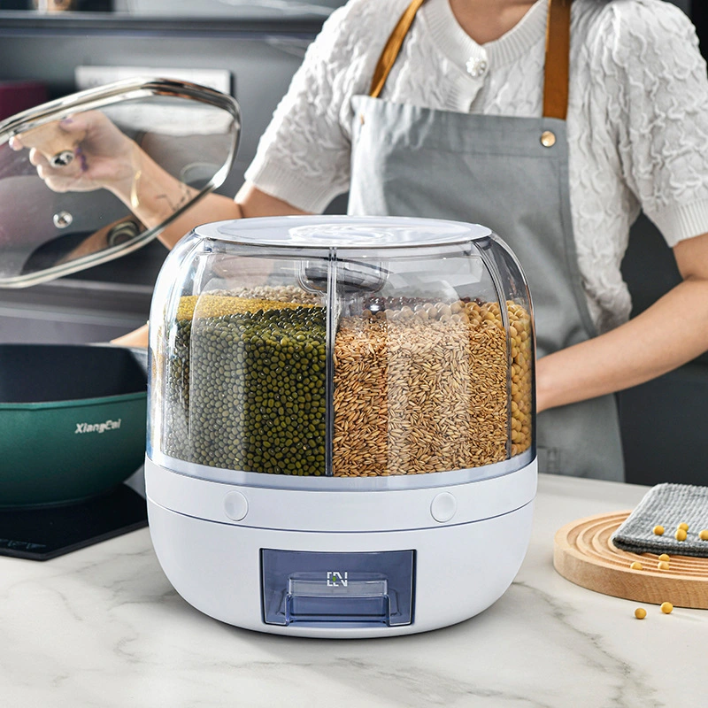 Dispensador de alimentos secos com grão de arroz rotativo com copo medidor e. Compartimentos Ci23220