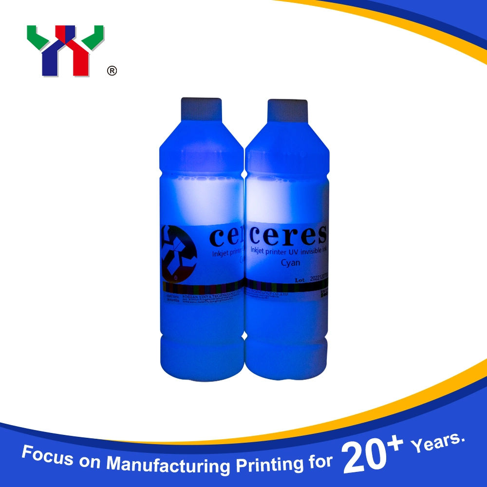 Venta en caliente Área de impresión Ceres tinta UV invisible a base de agua para impresora de inyección de tinta, de color incoloro a azul, 1L/botella