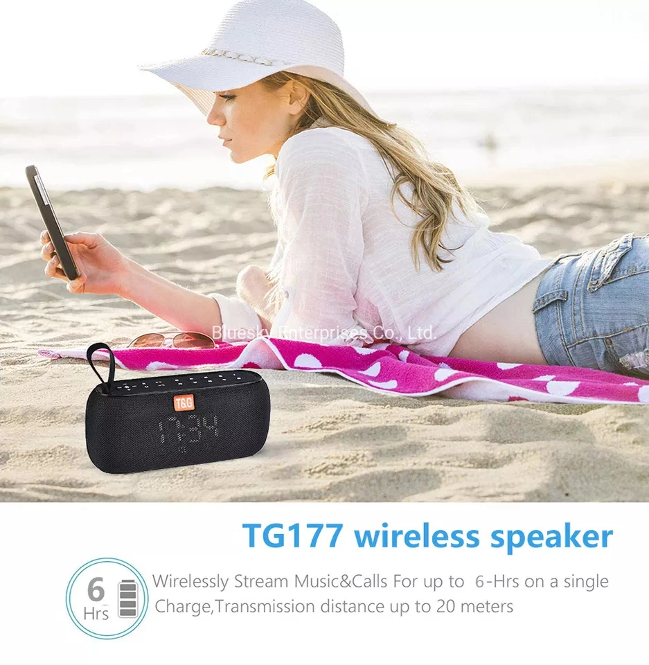 Tg177 Portable Bt Speakers Alarm Clock Temperature Display Heavy Bass Digital Choose Song Waterproof FM Radio Wireless Speaker