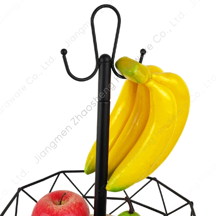 Countertop Bamboo Bottom Wire Storage Holder Stand Metal Fruit Basket with Banana Hanger