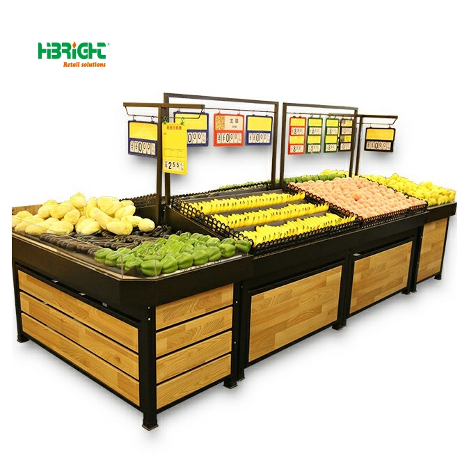 Pine Wood Spray Paint Grocery Store Vegetable Fruit Display Rack with Billboard