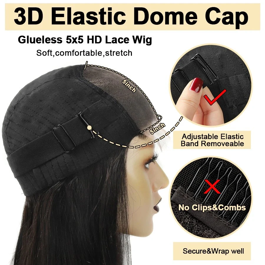 100% No Glue 3D Elastic Dome Cap Wear&Go Glueless Wig with HD Lace Frontal Closure 5X5 4X4 13X4 Swiss Film Lace