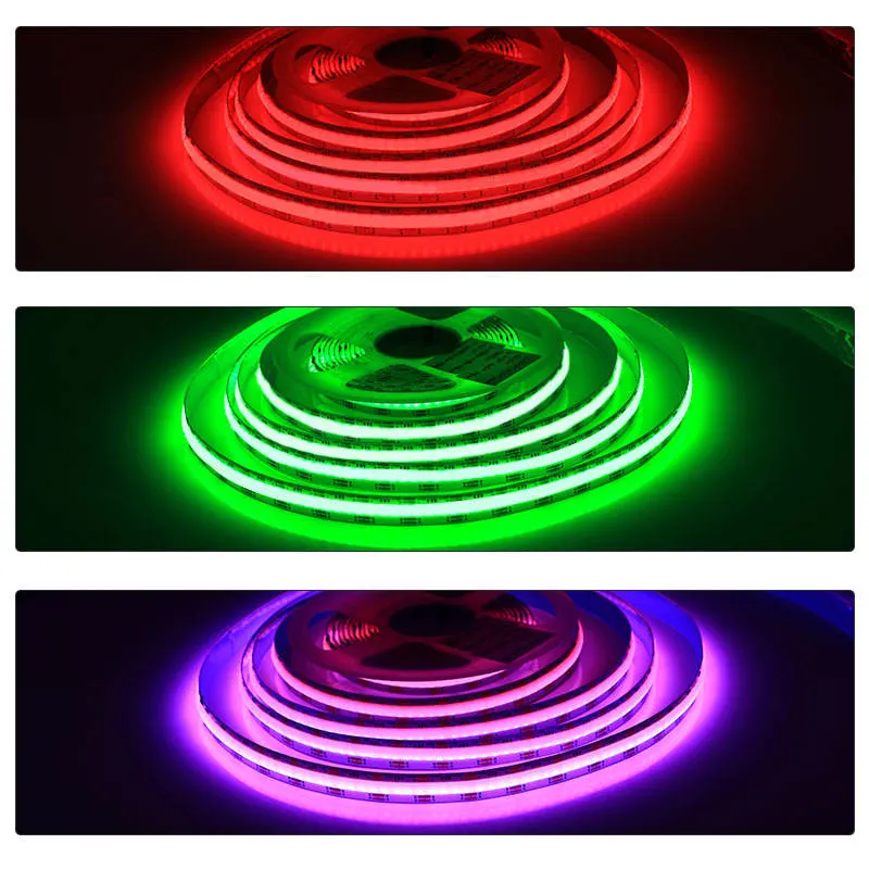 China fábrica COB LED Strip Lighting DC 24V RGB brilhante Fita de fita LED de 8 mm de largura IP65 flexível para baixo consumo de energia Lâmpada LED de faixa para interior