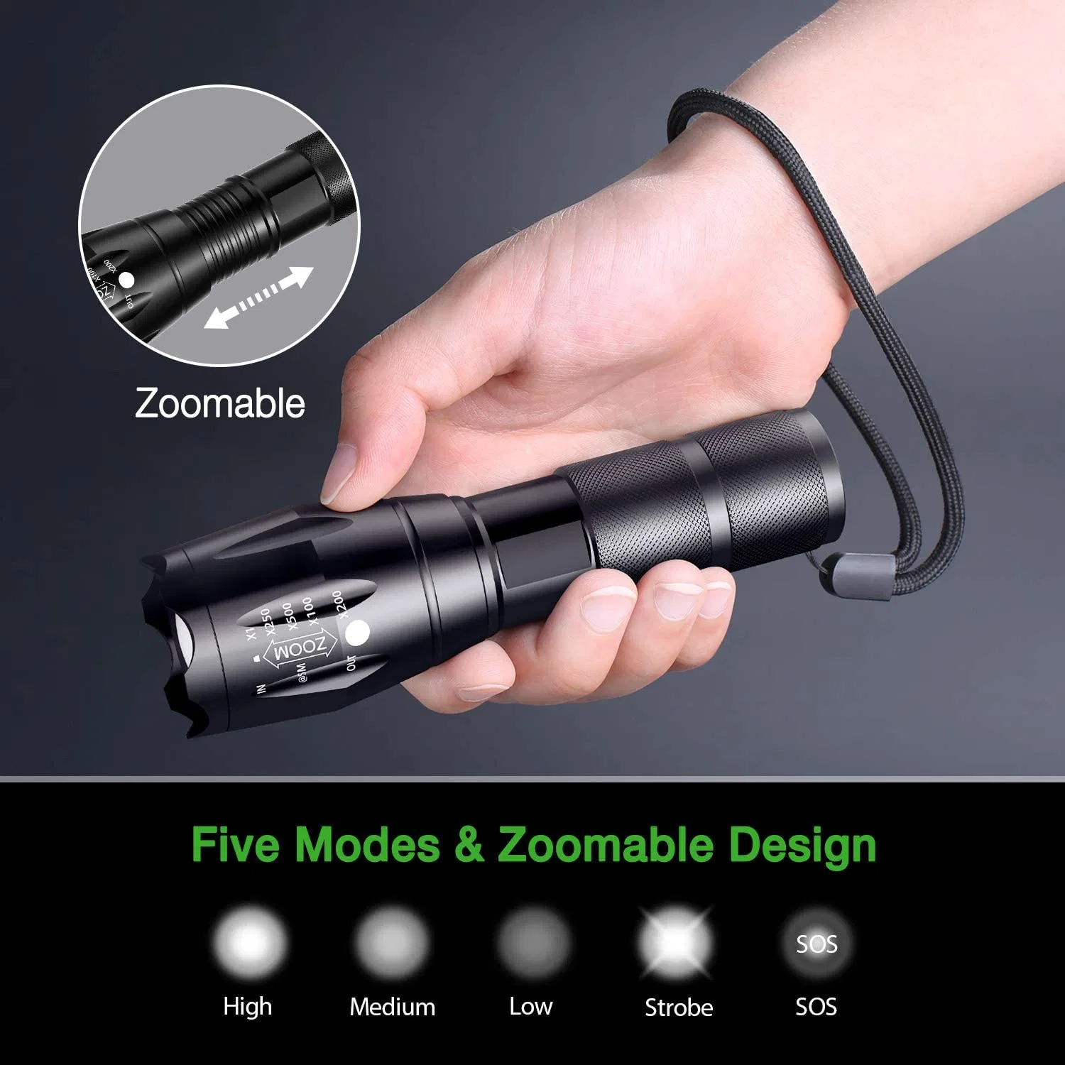 LED Torch Rechargeable Super Bright Torch 18650 Lithium Battery and USB Charger, IP65 Waterproof Zoomable Flashlight for Fishing Camping Emergency