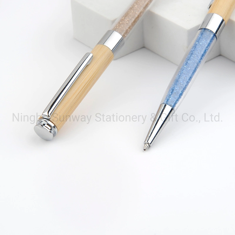 Promotion Stationery Bamboo Twist Pink Color Diamond Decoration Pen with Metal Clip