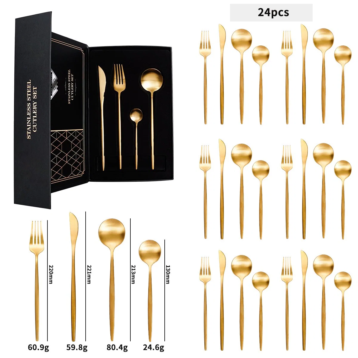 Wholesale/Supplier Wedding Flatware Gift Silverware Box Restaurant High quality/High cost performance Stainless Steel Luxury 24 Piece Gold Portuguese Cutlery