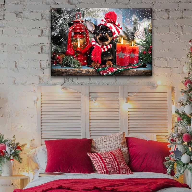 Holiday LED Lighted Canvas Wall Art Prints Withpuppy and Christmas Tree Picture Snow Covered Winter Scene Decor