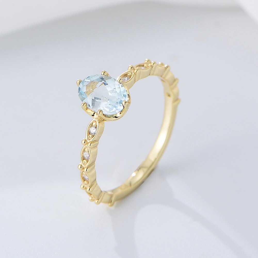 Peishang Brand 925 Sterling Silver Natural Stone Blue Topaz Ring Gold Plated Cubic Zirconia Women Ladies Rings Jewelry Custom