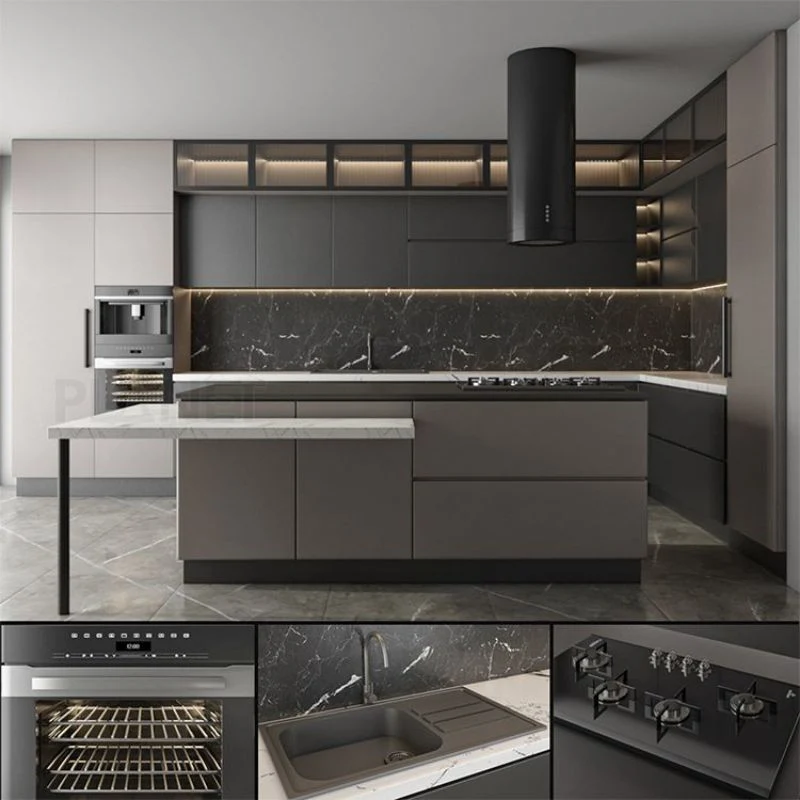 Muebles modernos de Cocina MDF PVC Gabinetes de Cocina Diseño China Fabricantes Cocina laca gris mate
