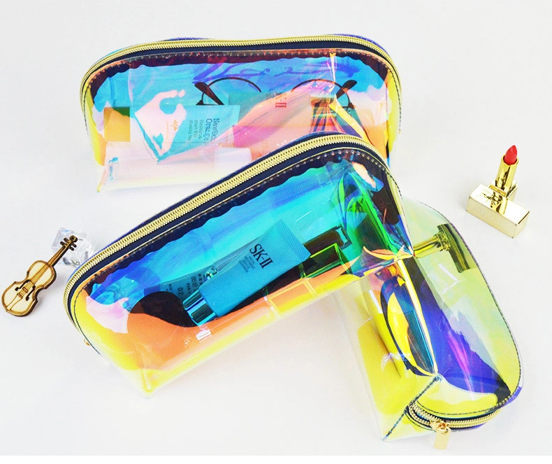 Clear PVC Fashion Cosmetic Pouch Zipper Bag Holographic Toiletry Custom Makeup Brush Bag Rainbow Effect PVC Packing Bags