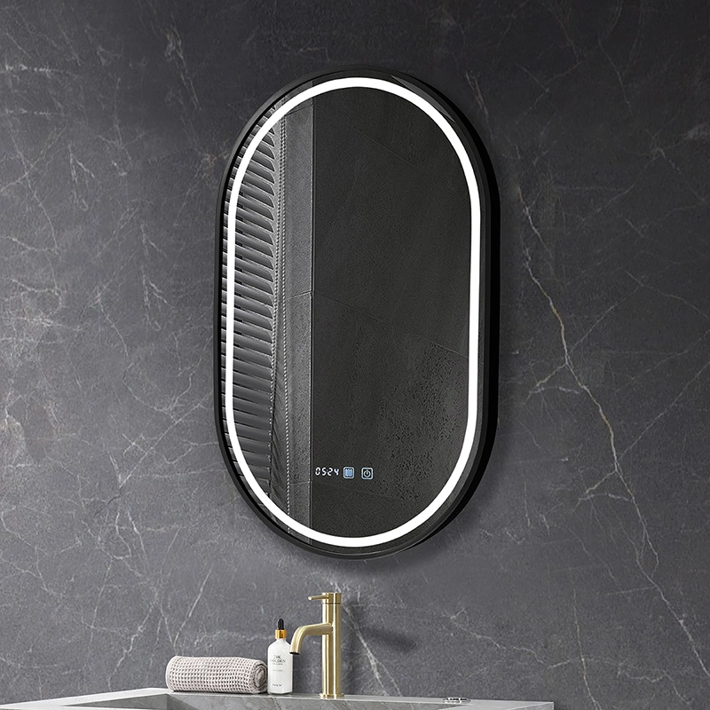 Miroir en verre de forme ovale pour la décoration murale. Miroirs intelligents en métal avec cadre ovale pour salon de coiffure et salle de bains, équipés de lumières LED.