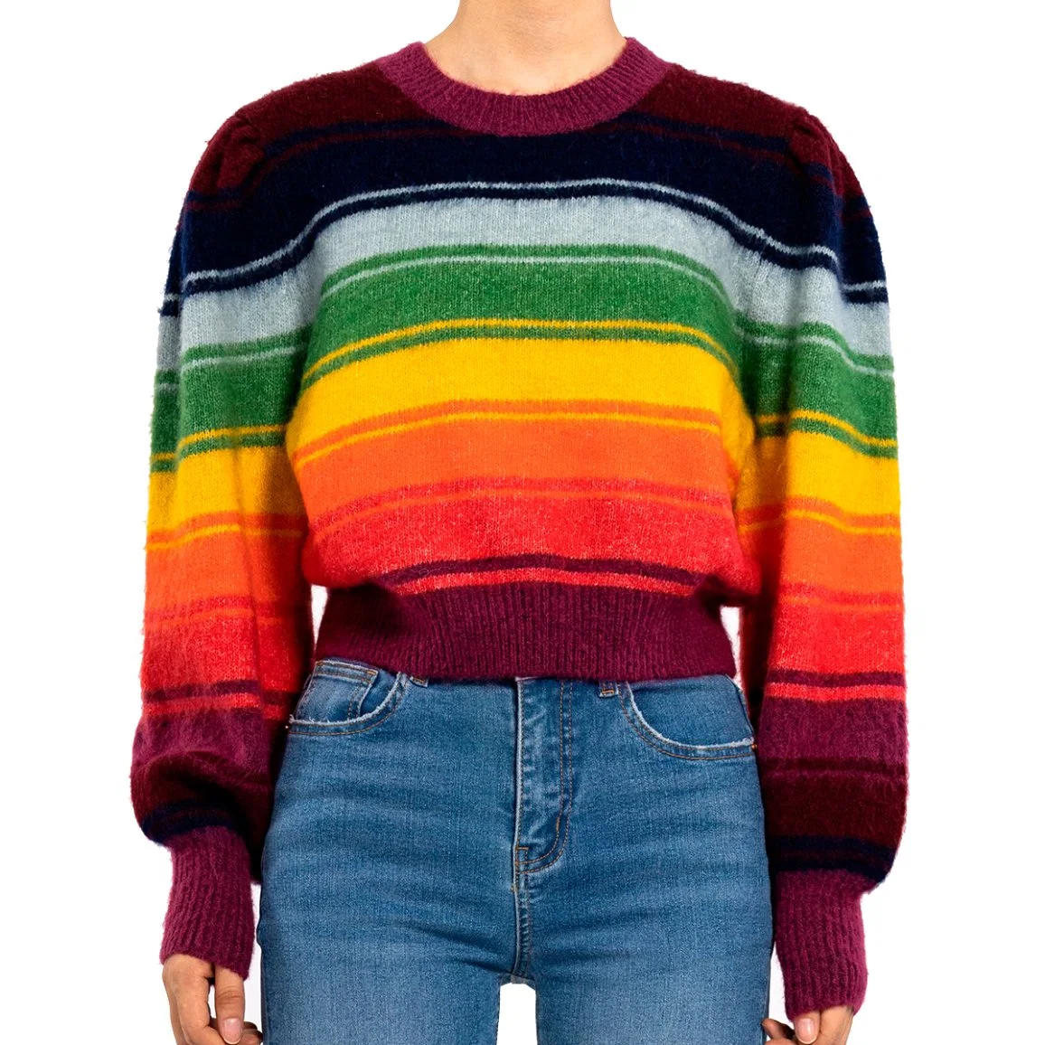 Autumn Winter American Vintage Knit Top Rainbow Stripe Women Crop Sweater