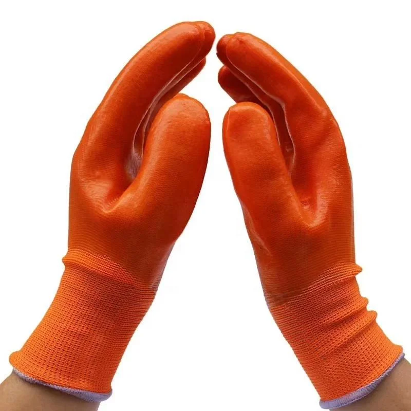 Breathable Orange Nylon Coated Full PVC Waterproof Protect Hands Construction Latex Gloves