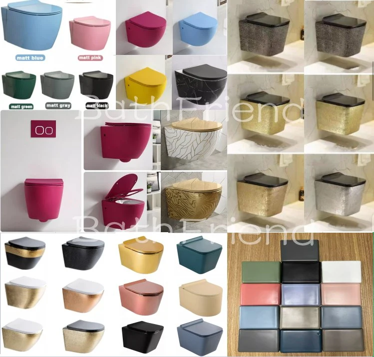 ISO Manufacturer Rimless Flush P-Trap Wall Hung Toilet HDPE Plastic Hidden Water Tank with Color Flush Button