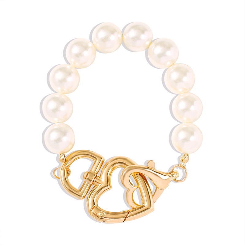 Fashion Jewellery Jewelry French Romantic White Big Pearl Bracelet Classic Luxury Party Temperament Gold Double Love Heart Lock Bangle Bracelet for Women