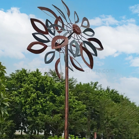 Floral Cutout Jumbo Garden Stick Antique Bronze Patina Colored Metal Craft Windmill Wind Spinner for The Garden Decoration in 75 Inch Tall