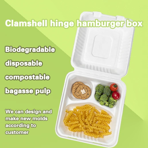 10-Zoll-Takeaway 3-Fach Lunch Box 1300ml Bagasse Pulp, biologisch abbaubar, kompostierbar, wasserdicht und ölfest Einweg Flip-Top Lunch Box