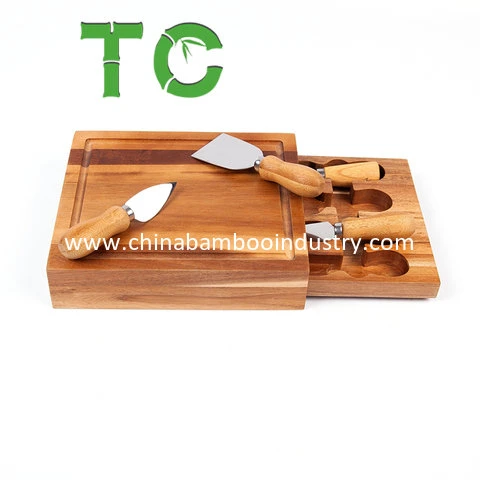 جمليّة خشب الجبن لوح و 4 فولاذية سكّة مجموعة خشب طبق شاركوتري مع درج أدوات المائدة منزلقة