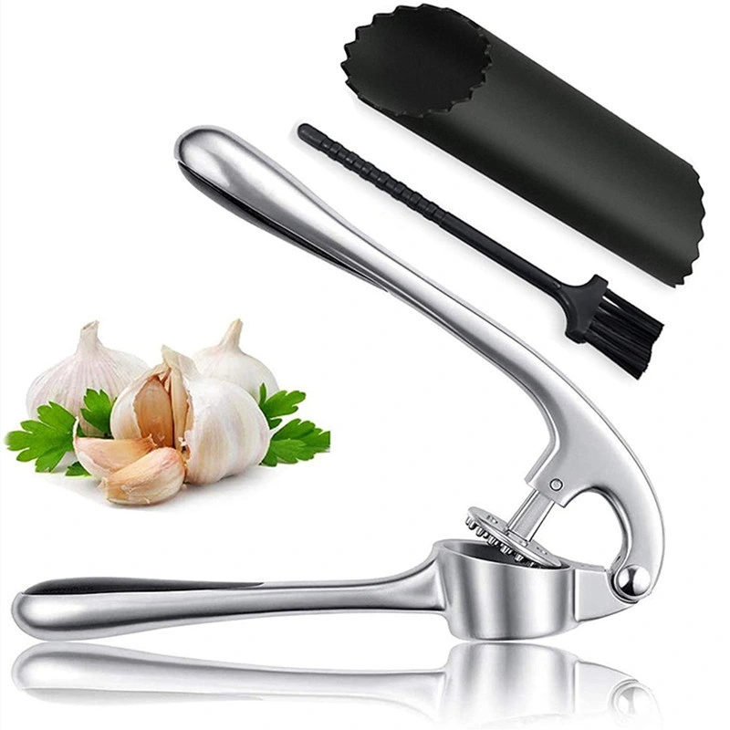 Kitchen Premium Garlic Press with Soft, Easy to Squeeze Handle Includes Silicone Garlic Peeler & Cleaning Brush - 3 Piece Garlic Mincer Tool - Sturdy Ea