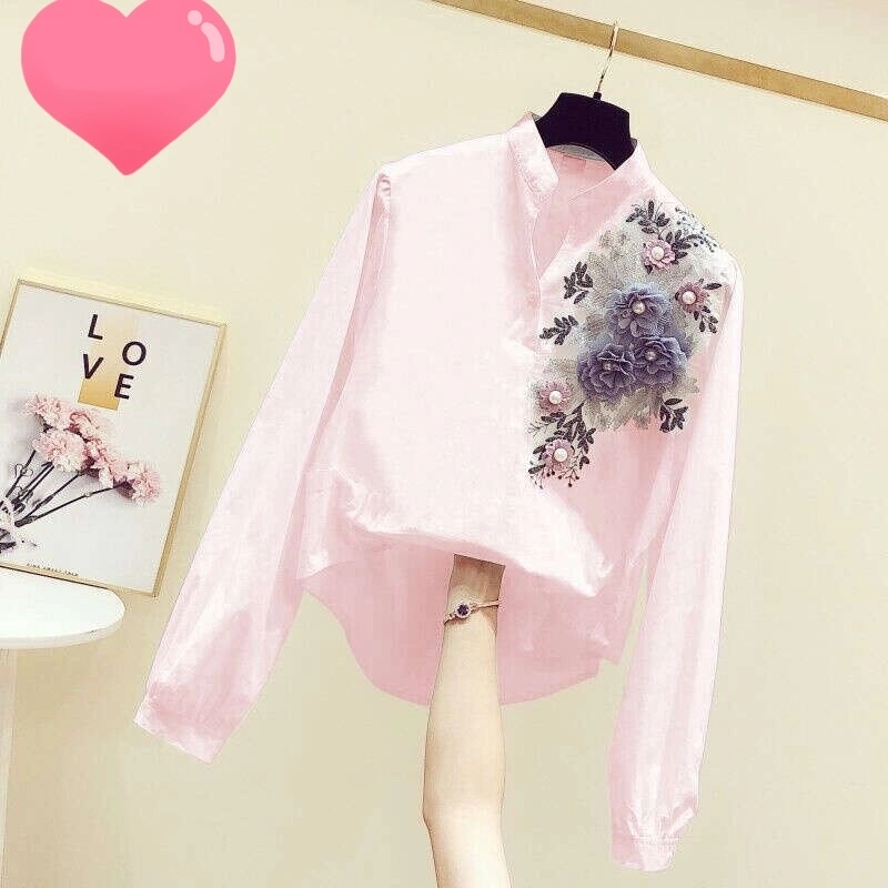 Women's Autumn Clothing Fashion Embroidery Decorative V-Neck Long-Sleeve Shirt