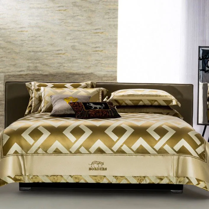 Quarto Atacado Luxury Solid Cotton Jacquard Comforter com edredão, colchas Conjunto de roupa de cama em linho de cama dourado, folhas de tecido macio para fronha