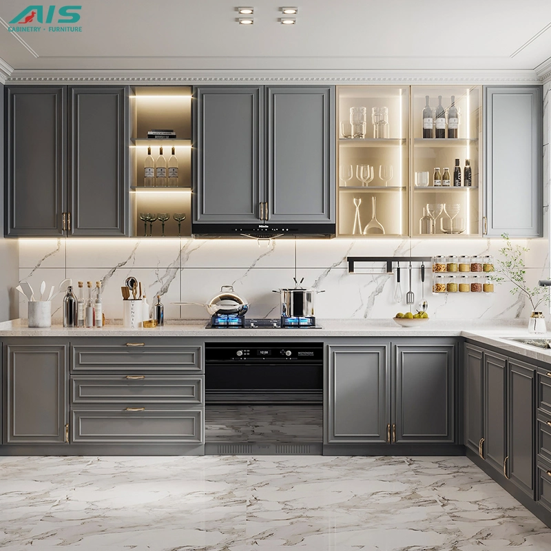 Diseño rústico moderno de lujo de estilo americano de alta gama Personalizar casa Muebles de cocina de armario de laca en forma de L de Gray Shaker