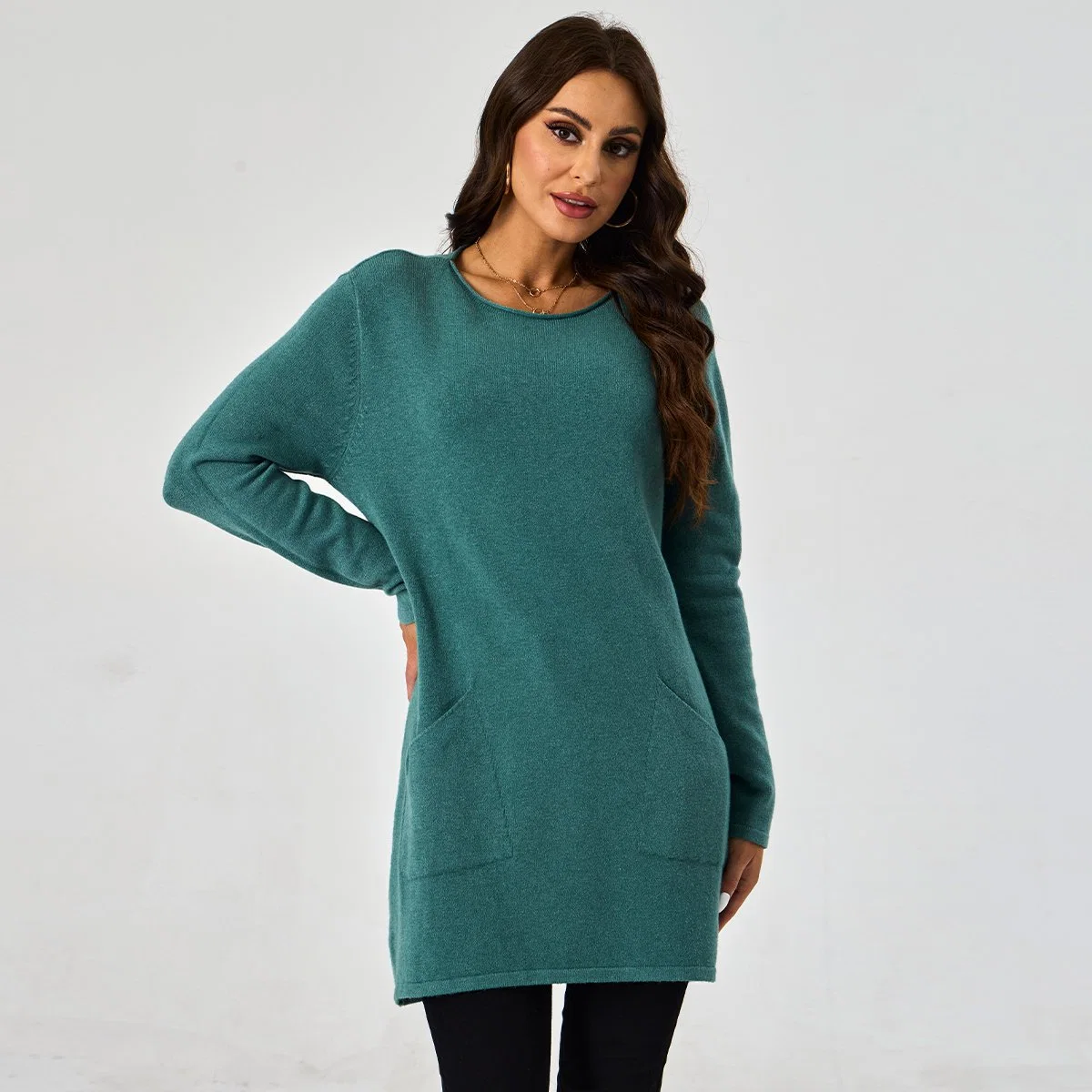 Custom Knitwear Round Neck Ribbed Pullover Pocket Patch Women Pullover Sweater