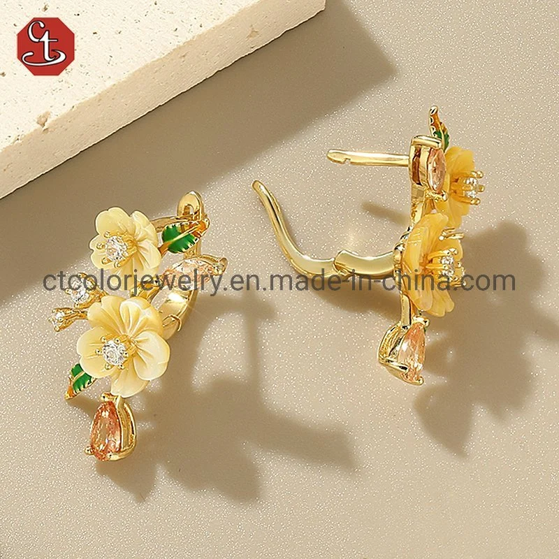 Fashion floating shell flower jewelry collection elegant gold flower zirconia earrings pendant jewelry set