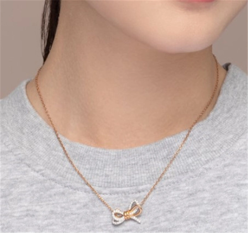 European American Fashion Jewellery Rose Gold Silver Jewelry Two-Tone Bow Crystal Short Clavicle Chain Gift Thin Chain Necklace for Women