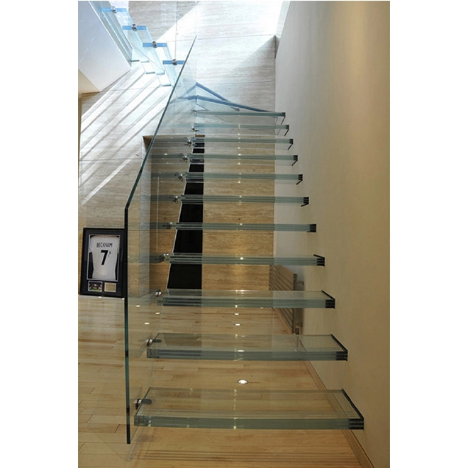 Custom Size Wooden Treads Steps Staircase with Frameless Glass and Stainless Steel Accessories Railing