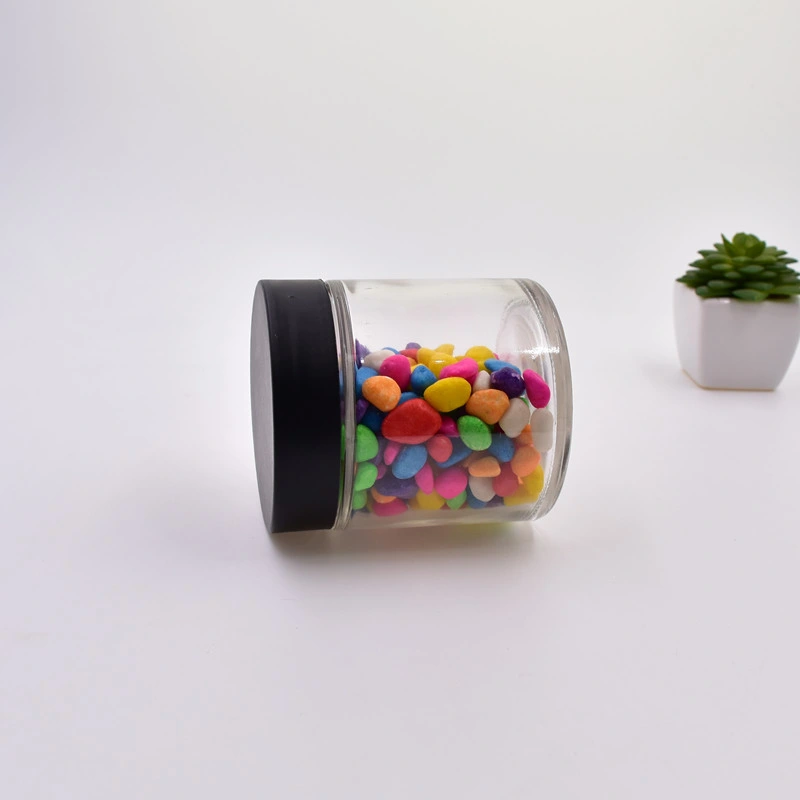 Free Sample Food Packaging Transparent Clear Glass Jar with Matte Plastic Back Lid Child Resistant for Weed, Marijuana