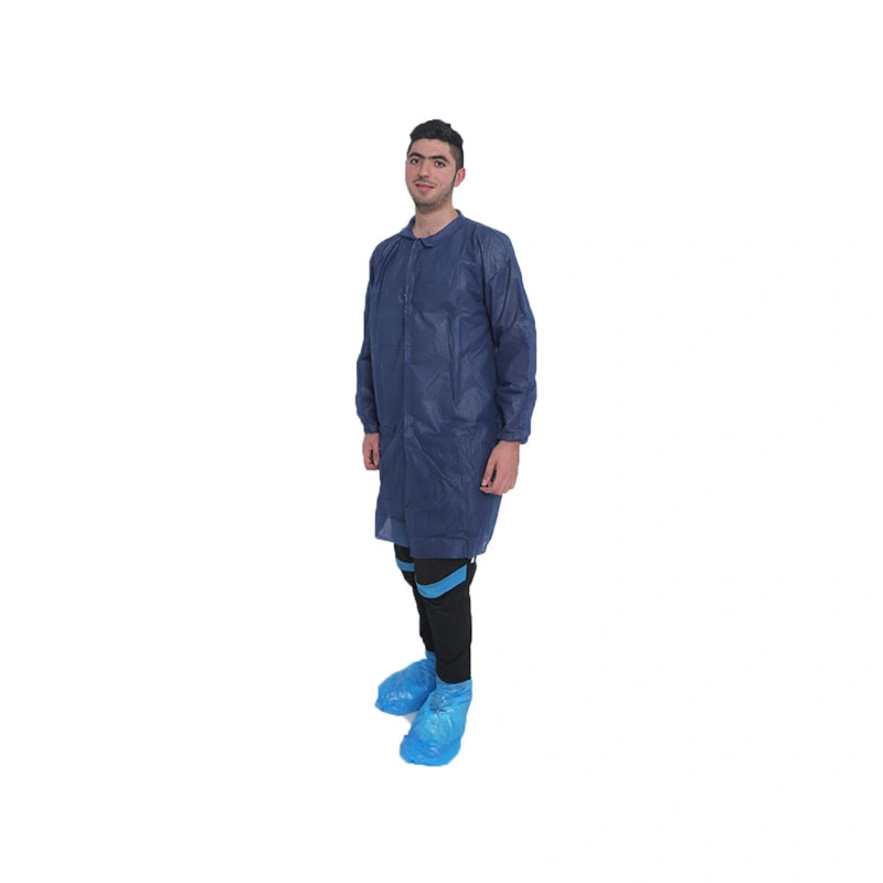Abrigo de laboratorio de ropa de visitante de PP no tejido de polipropileno azul oscuro con Velcro 30GSM