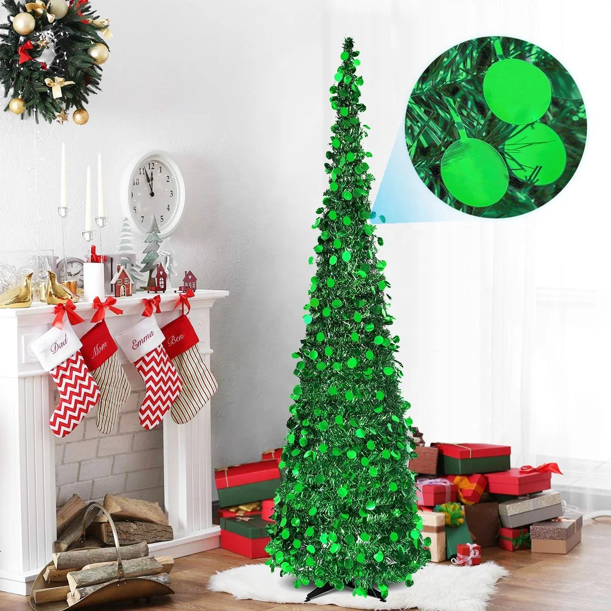 Holiday Xmas Decorations Collapsible Pop up Artificial Tinsel Christmas Tree