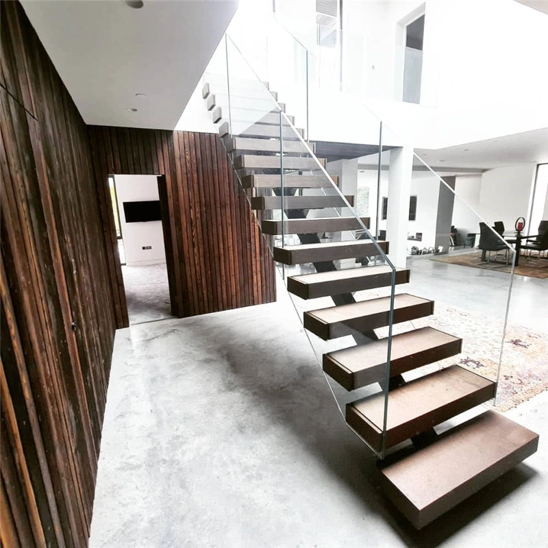 Straight Mild Steel Glass Modern Floating Staircase / Prefab Steel Glass Stair Indoor