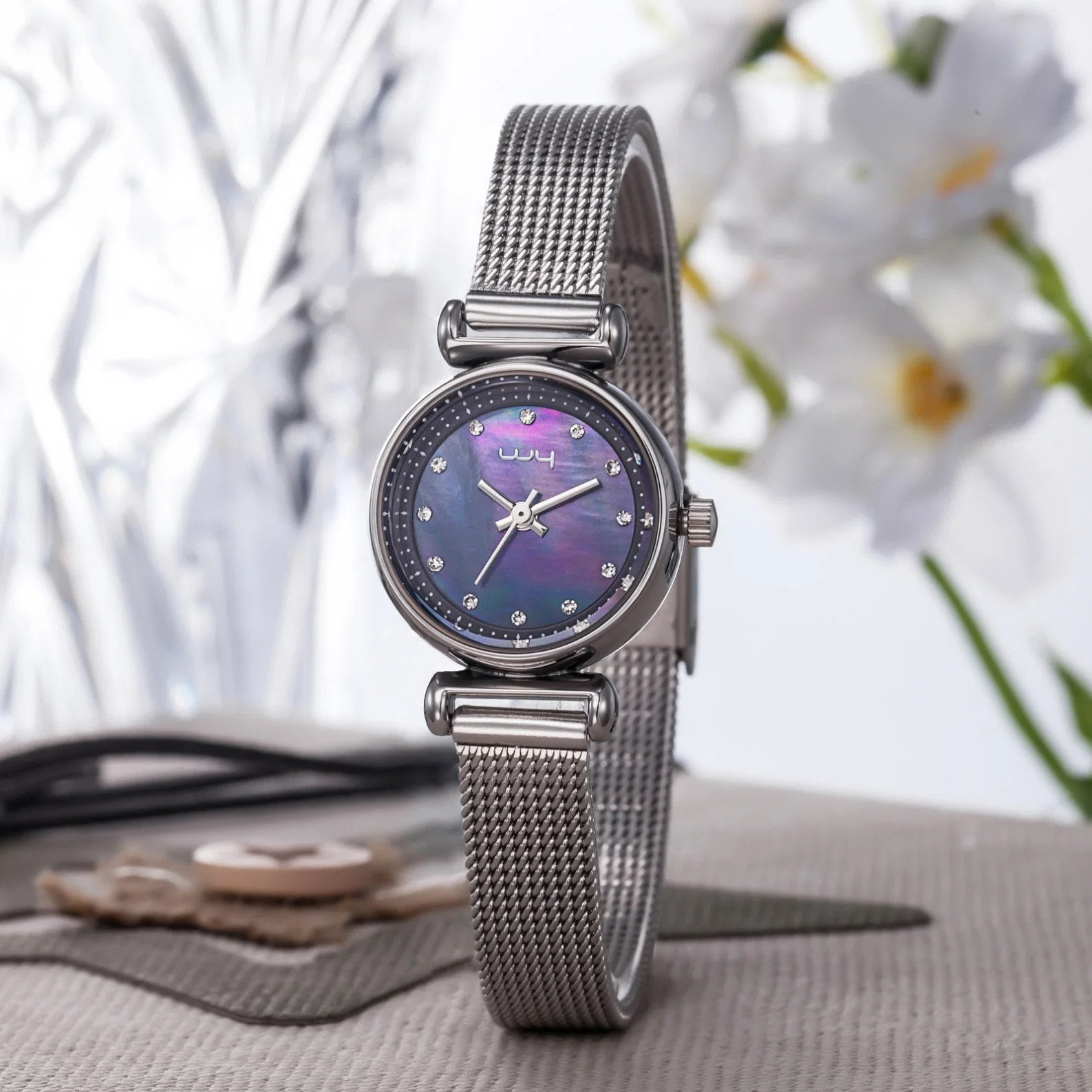 Fashion Mesh Band Sliver Ladies Waterproof Quartz Wrist Watch Wy-017