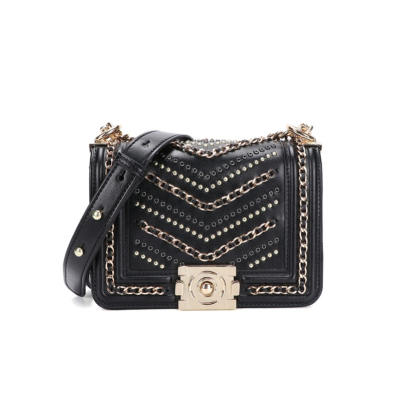 China Supplier Guangzhou Factory PU Fashion Ladies Handbags Gold Chain Decor Crossbody Bag