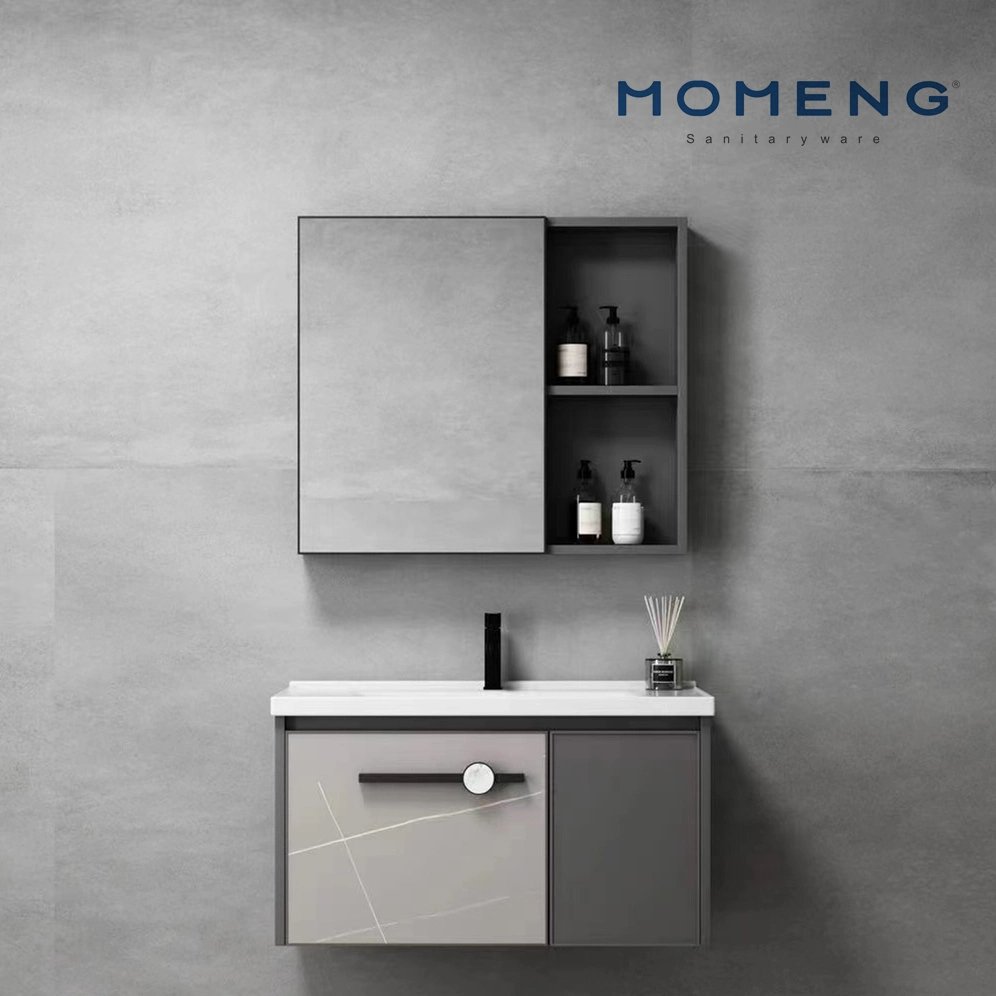 Moderno aluminio Cuarto de baño conjunto espejo LED pared de madera armario Unidad de vanidad con producto de lavabo