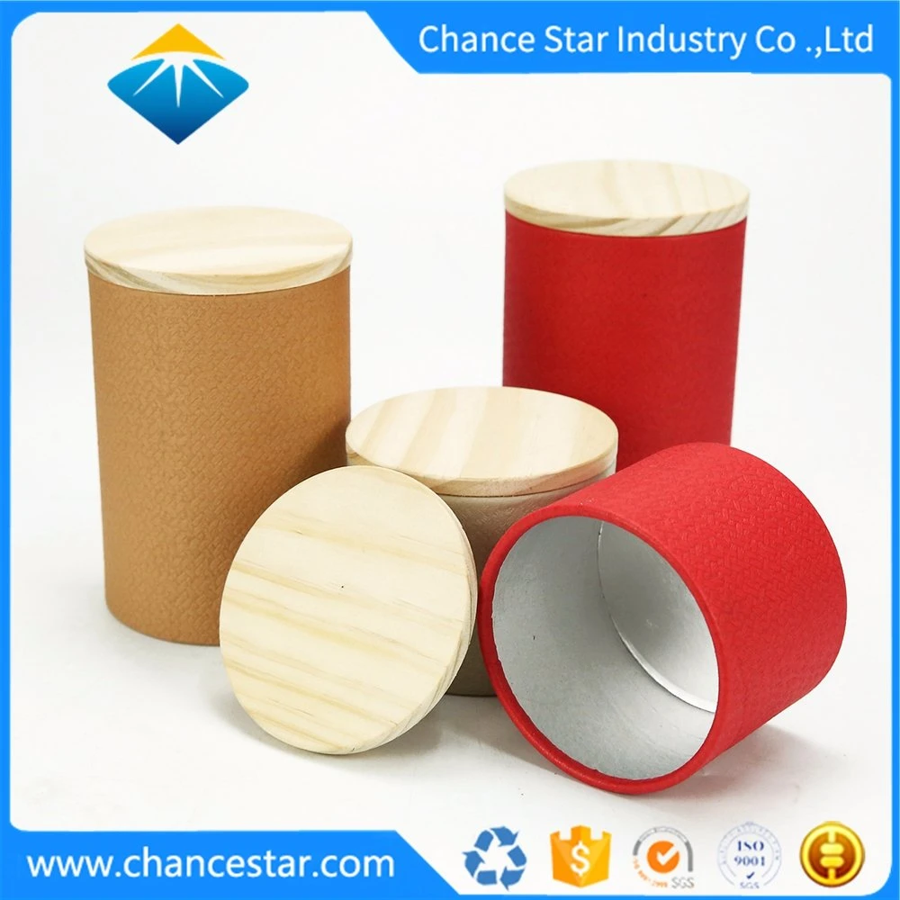 Custom Round Paper Cardboard Tube Box with Wooden Lid