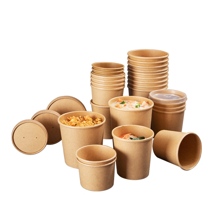 8 Oz Tazón de Sopa de papel Kraft Food desechables vasos de papel de helado de la cuchara de postre redonda Tazón de Sopa de envases de comida para llevar las gachas de avena con tapa