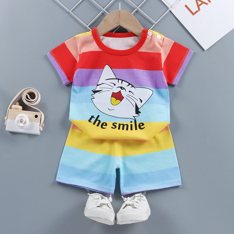 Children's Short-Sleeved Suit Cotton Boys Summer Short-Sleeved Shorts T-Shirt Baby Cotton Girls' Clothing Home Clothes