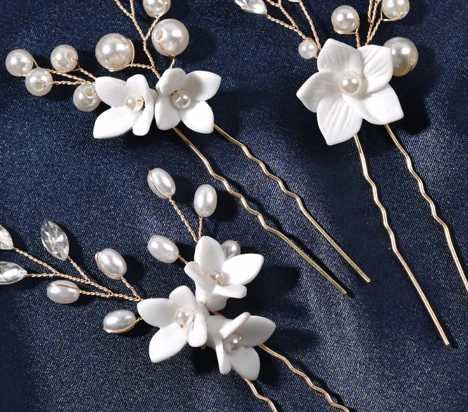 Bridal Wedding Clay Hair Stick Hair Pin. Bridal Rhinestone Porcelain Flower Hair Pin Hair Accessories. Wedding Porcelain Flower Hair Stick Headpiece 3PS/Set