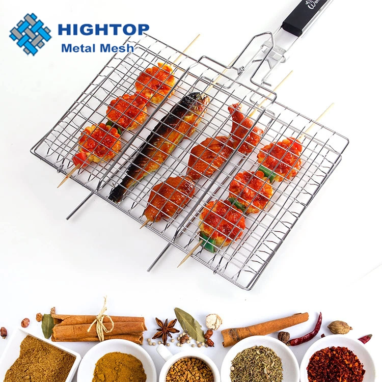 Factory Directly Stainless Steel BBQ Basket Flexible Fish Meat Vegetable Grill Net with Wooden Handle