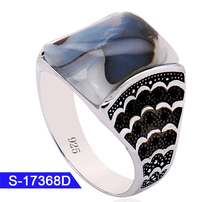 925 Sterling Silver Jewelry Islamic Natural Agate Zirconia Stone Finger Ring for Man