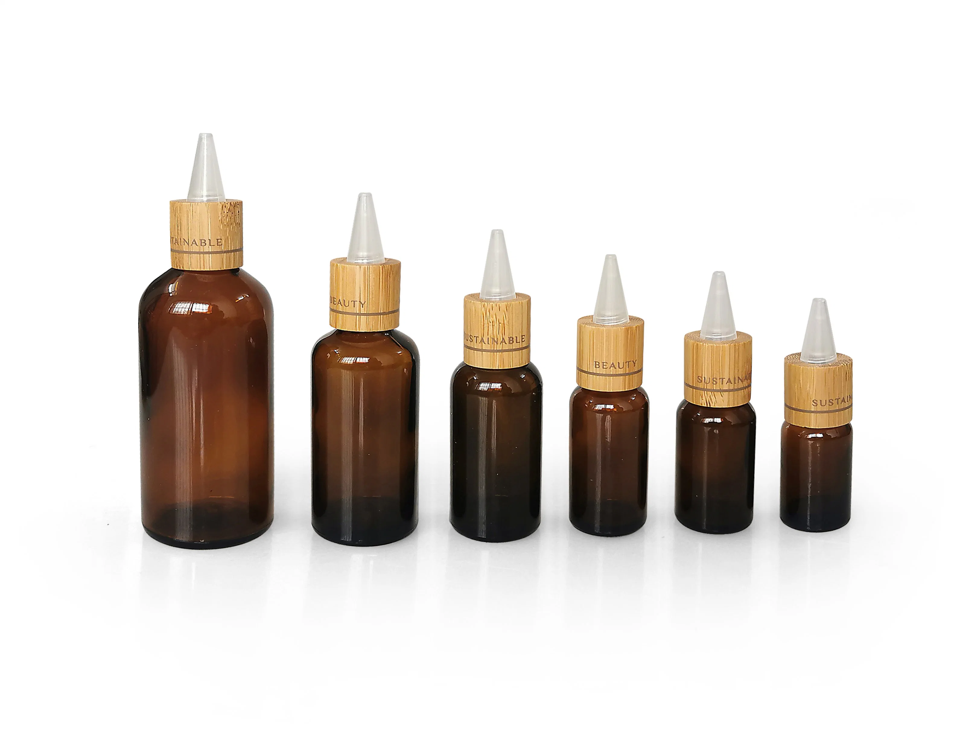 Unique Sustainable Cosmetic Packaging of 20ml Amber Glass Essential Oil Bottle with Bamboo Collar with Sharp Spout