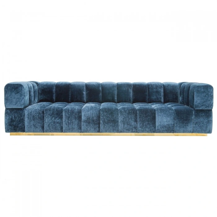 Grid Block Style Fabric Velvet Upholstery I Shape 3 Seat Sofa for Living Room Metal Leg Settee