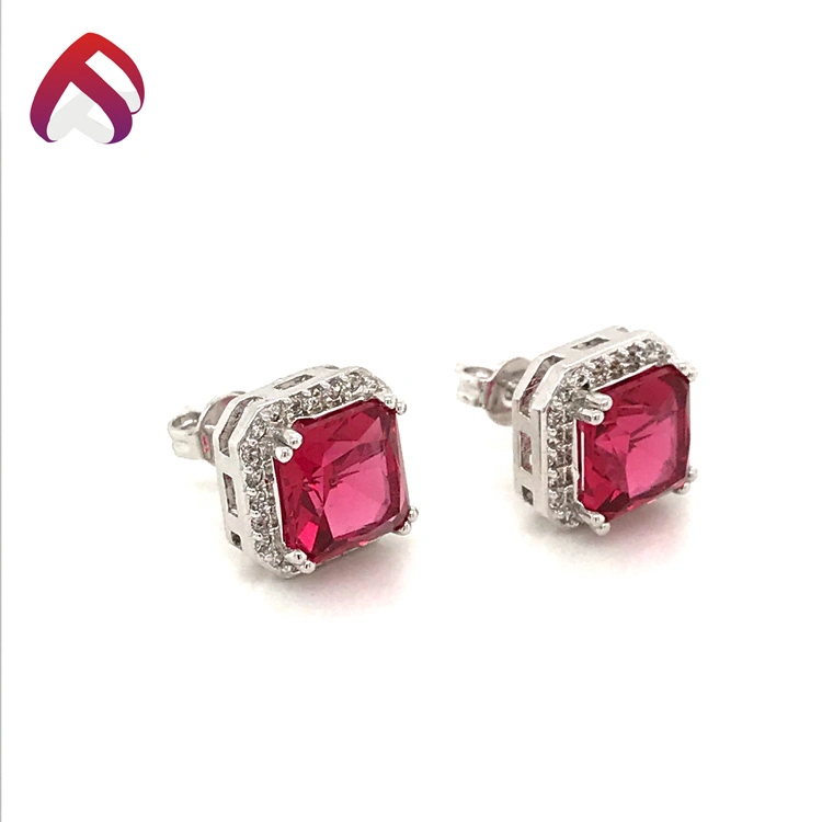 Natural Gems Ruby Jewelry Brass / Silver Octagon Main Stone Earrings