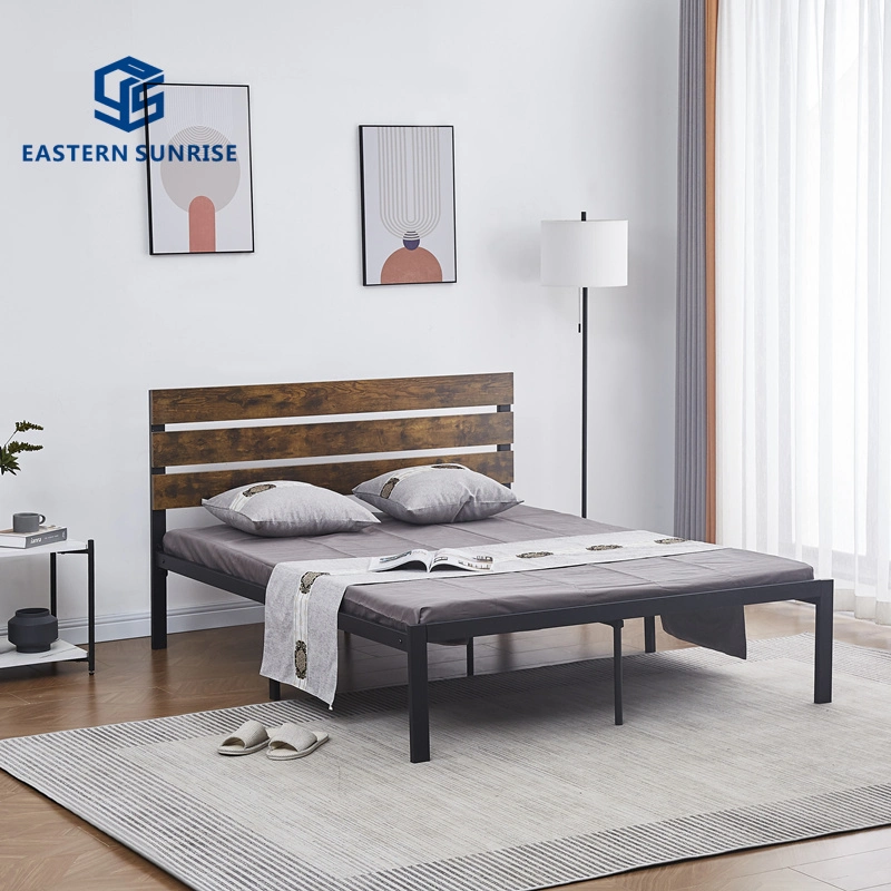 Easy Assemble, Strong Support Bedroom Bed, Double/Queen Size Metal Bed Frame with Wood Legs